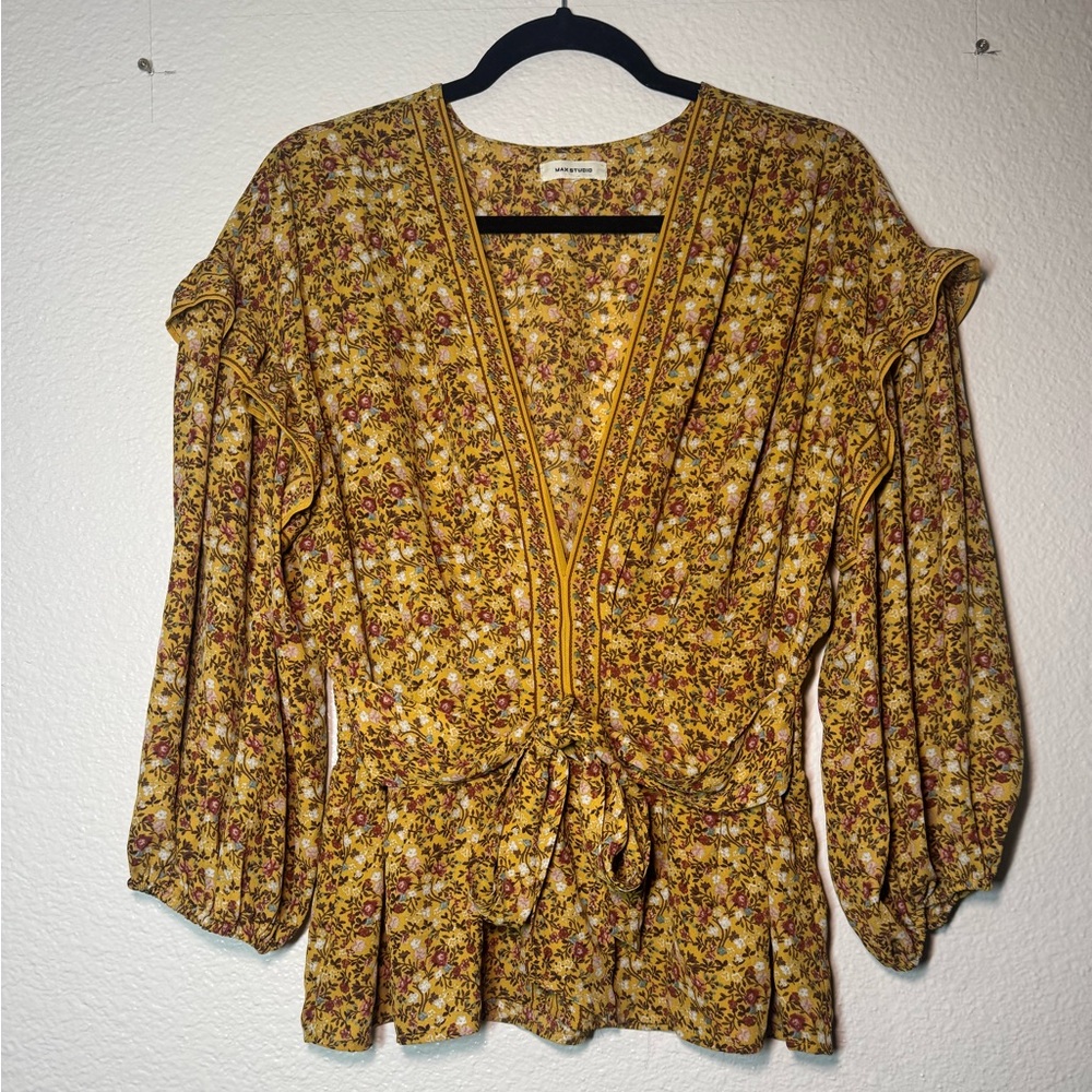 Max Studio Floral Tie-Waist Peasant Blouse
